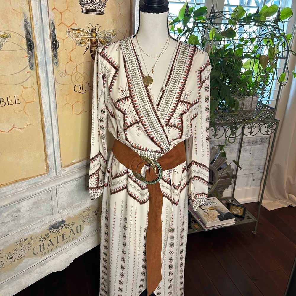 Fraiche faux draped midi dress with elastic waist.